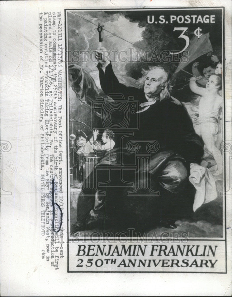 1955 Press Photo Post Office Dept. 3-Cent Stamp of Birth Benjamin Franklin - Historic Images