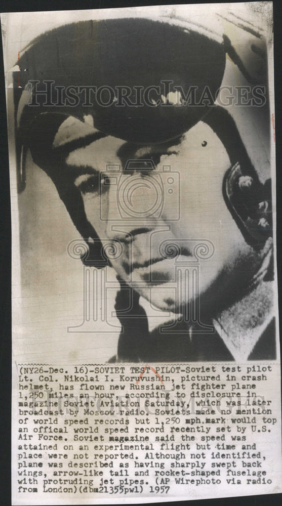 1957 Press Photo Test Pilot Soviet  Nikolai  Koruvushin Helmet - Historic Images