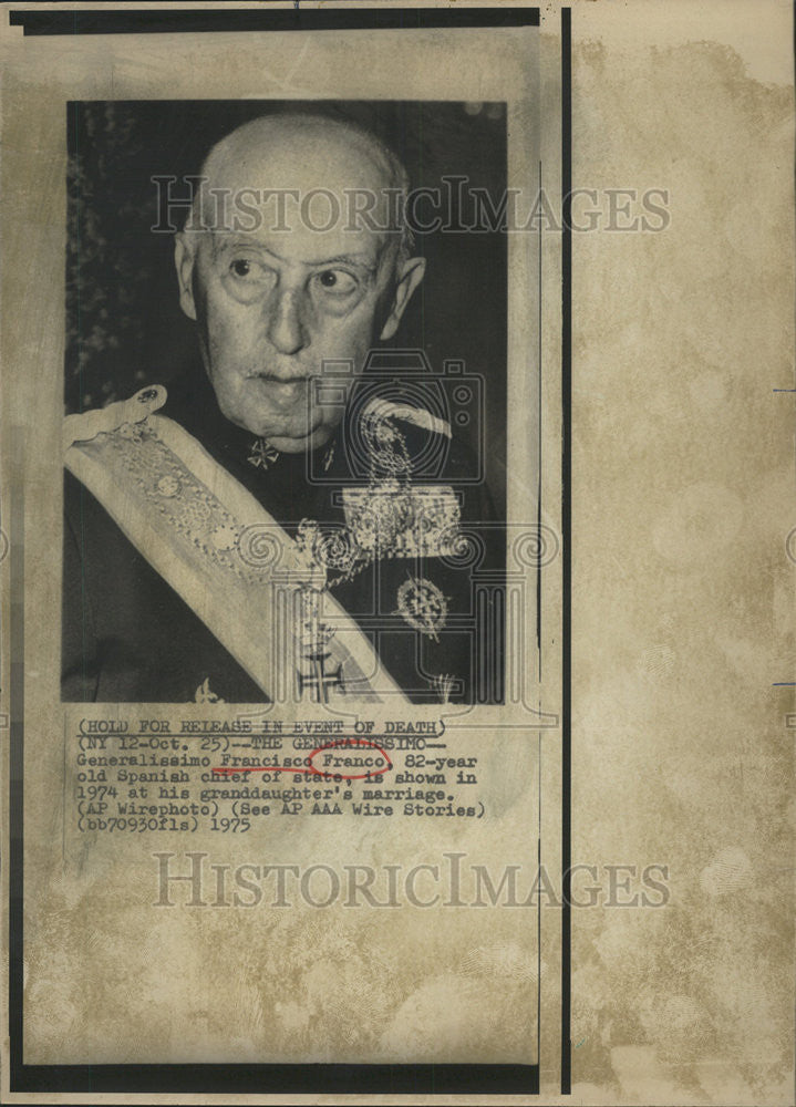 1974 Press Photo Generalissimo Francisco Franco, Spanish Chief Of State - Historic Images
