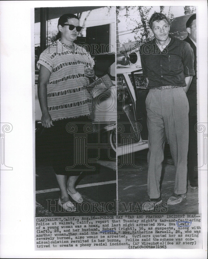 1963 Press Photo Tar Feather Hoax Eva Lewis Robert Lewis - Historic Images