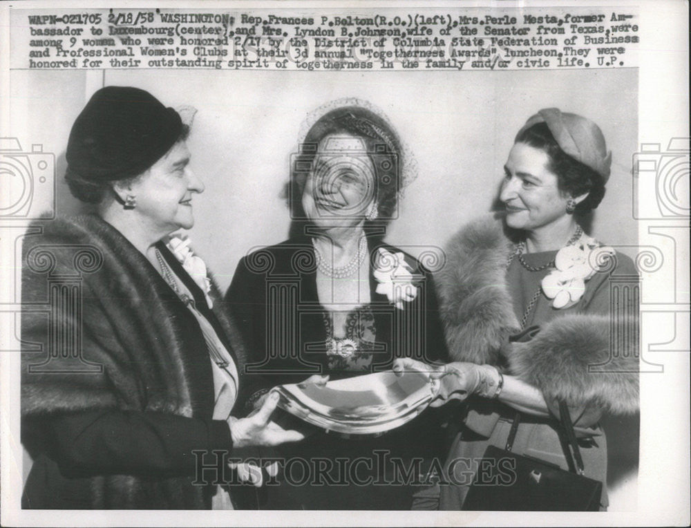 1958 Press Photo Rep Frances Mrs Perlw Mesta Luxembourg Mrs Lyndon Columbia - Historic Images