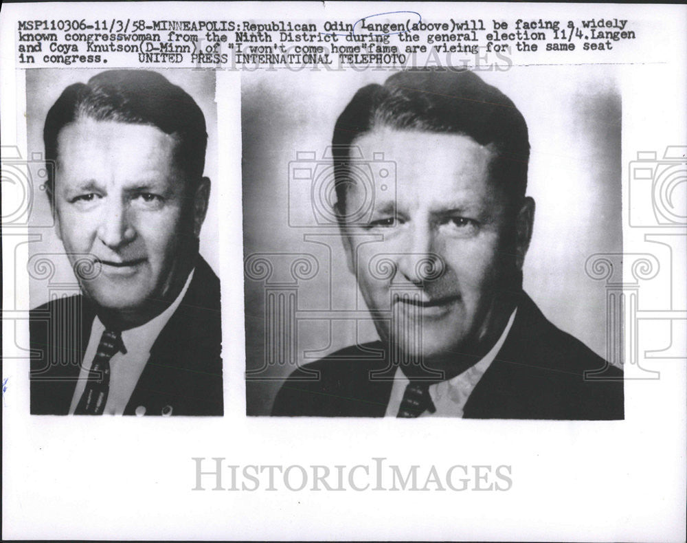 1958 Press Photo Republican Odin Langen Knutson Minneapolis Election General - Historic Images