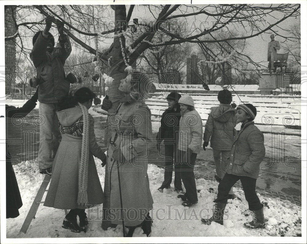 1978 Press Photo Jory Graham Lincoln Park tree Friends Decorated  Food Bird - Historic Images