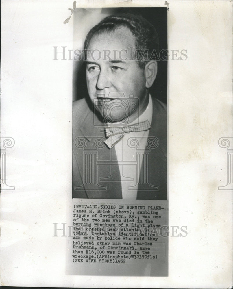 1952 Press Photo James H Brink Night Club Executive Plane Crash Atlanta Georgia - Historic Images