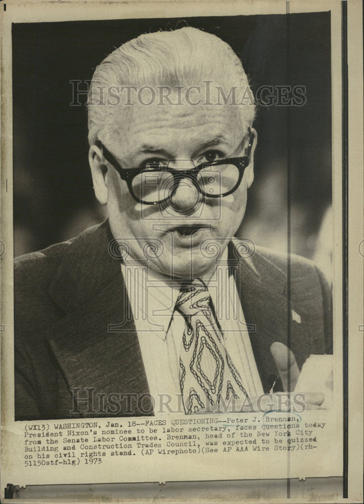 1973 Press Photo Senate Labor Committee Peter Brennan labor secretary Nixon head - Historic Images