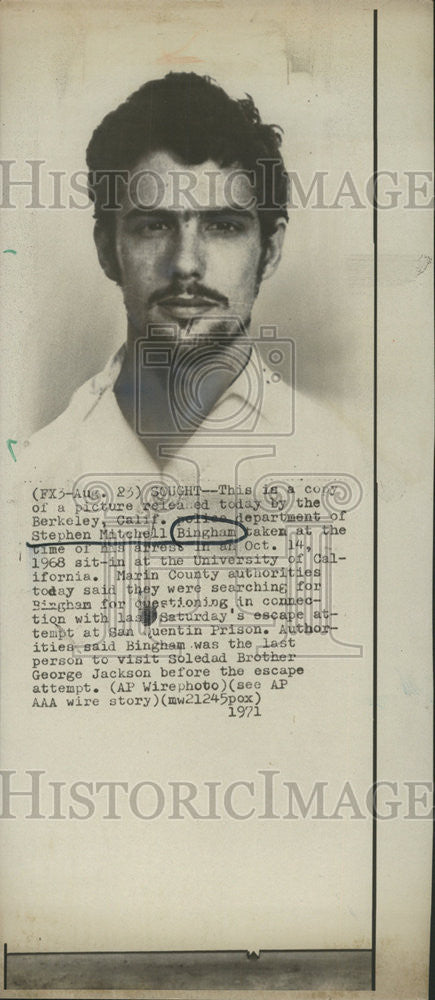 1971 Press Photo Stephen Mitchell Bingham arrested in connection with the prison - Historic Images