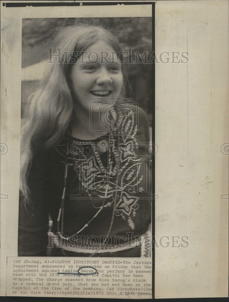 1972 Press Photo Leslie Bacon Perjury Indictment Dropped Capitol Bombing - Historic Images