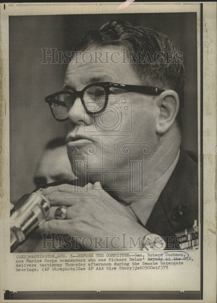 1973 Press Photo Gen. Robert Cushman, Senate Watergate Hearings - Historic Images