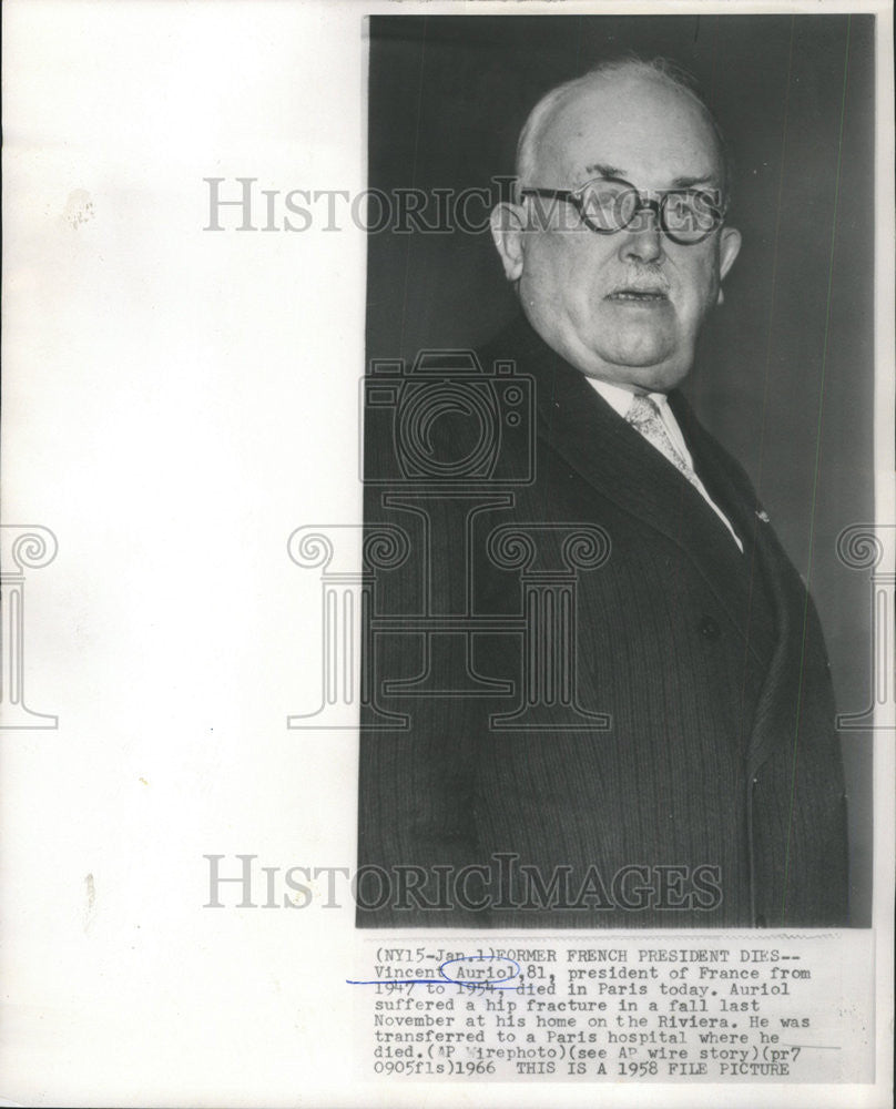 1958 Press Photo Vincent Auriol President France Paris Died Riviera Hospital - Historic Images