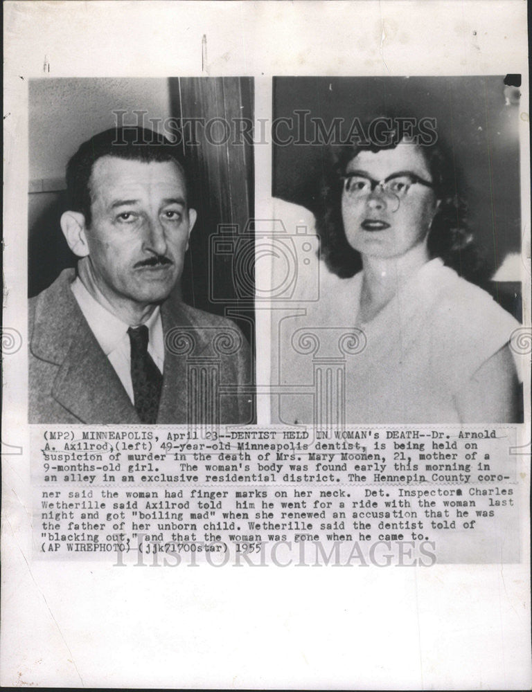 1955 Press Photo Dentist Dr Arnold Axilrod Murder Mrs Mary Moonen - Historic Images