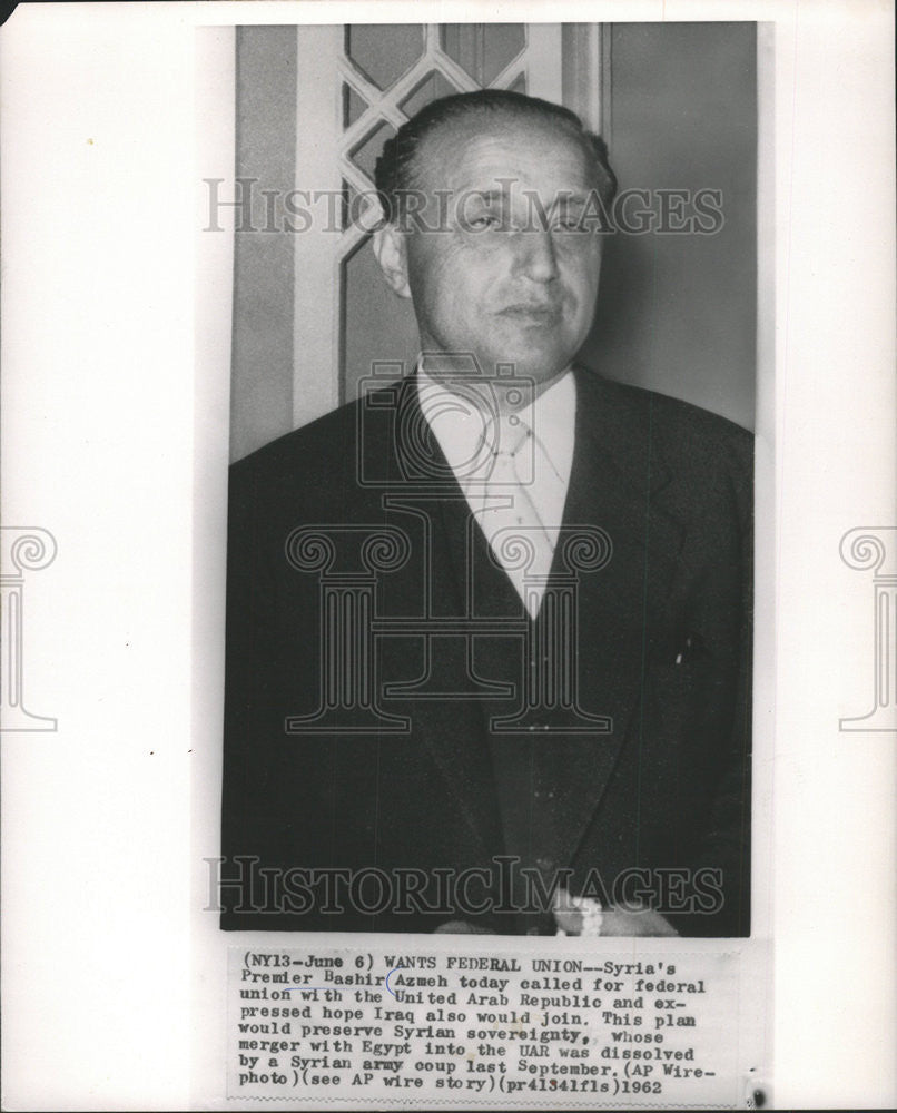 1962 Press Photo Syria&#39;s Premier Bashir Azmeh - Historic Images