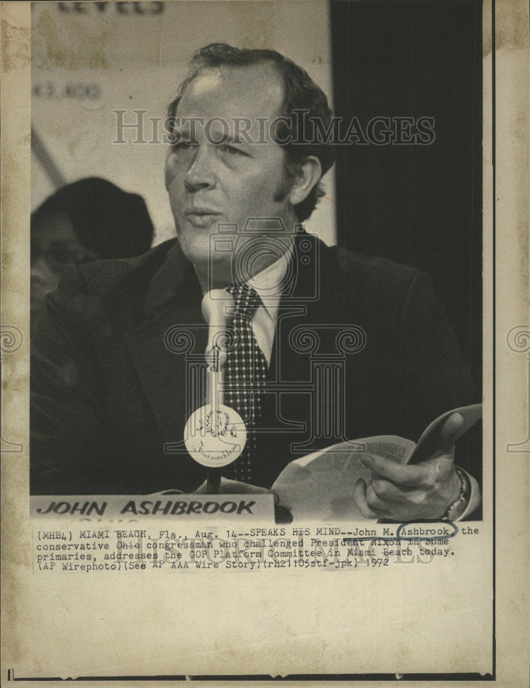1972 Press Photo John M. Ashbrook Ohio Congreeman - Historic Images