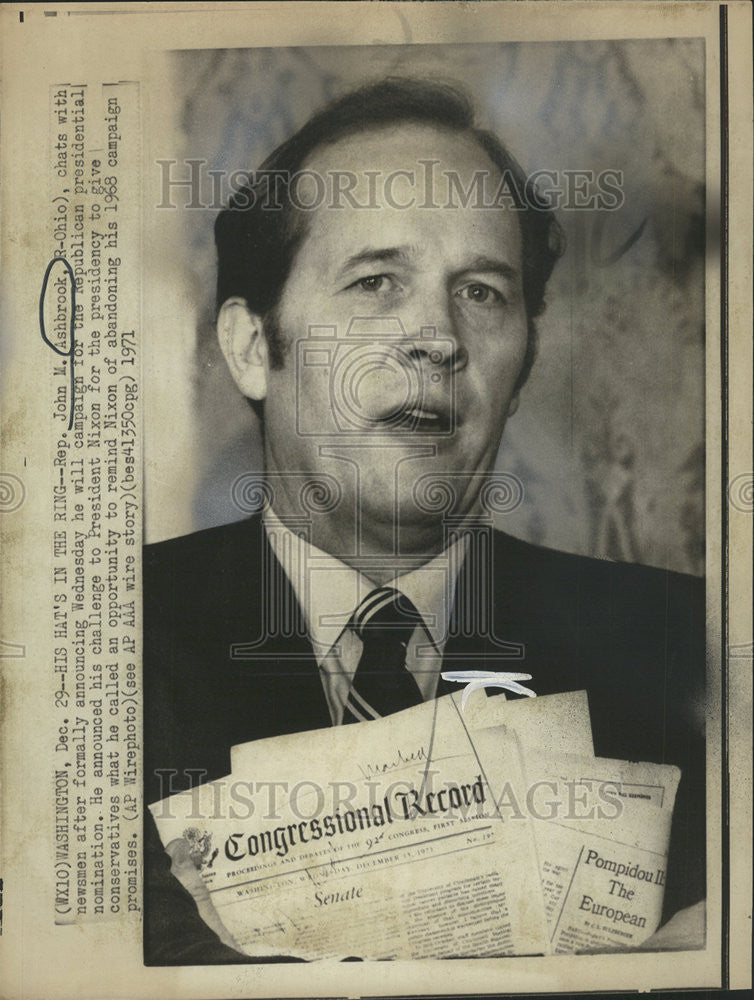 1971 Press Photo Representative John Ashbrook Ohio Campaign Republic President - Historic Images