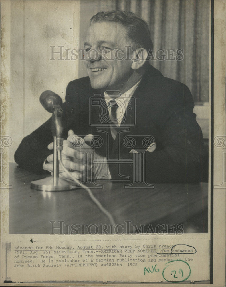 1972 Press Photo American Party Vice Presidential Nominee Tom Anderson - Historic Images