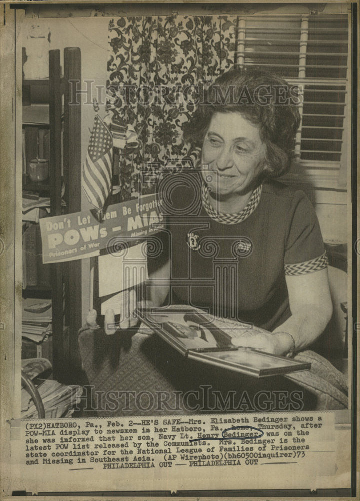 1973 Press Photo Mrs Elizabeth Bedinger POWMIA newsman Hatbro Home Pa Snap - Historic Images