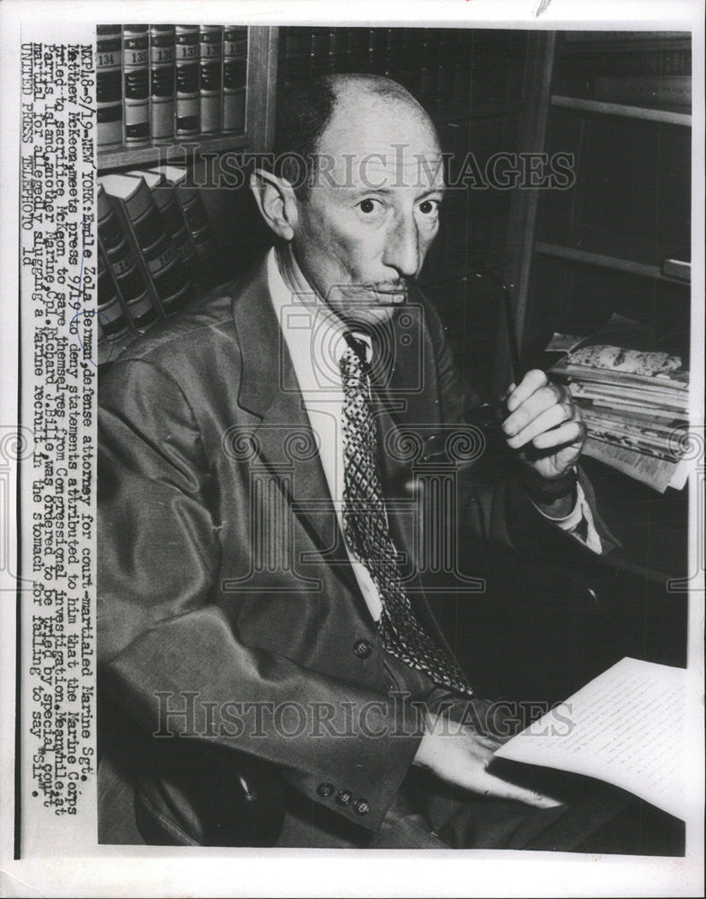 1956 Press Photo Emile Berman Defense Attorney Marine Sergeant Matthew McKeon - Historic Images