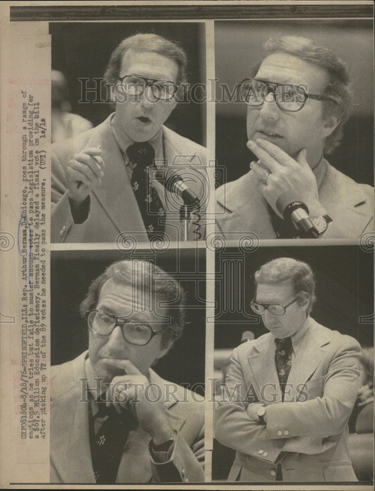 1976 Press Photo Rep Arthur Berman Chicago Education Defeciency Legislation - Historic Images