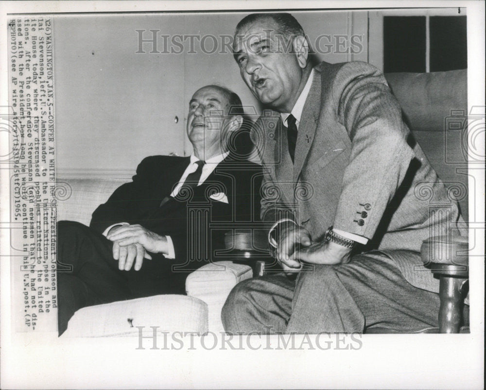 1965 Press Photo President Lyndon B Johnson Stevenson US Ambassador UN - Historic Images