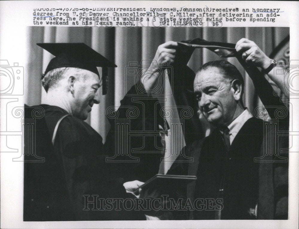 1966 Press Photo Denver Chancellor Wilbur Miller President Lyndon Johnson degree - Historic Images