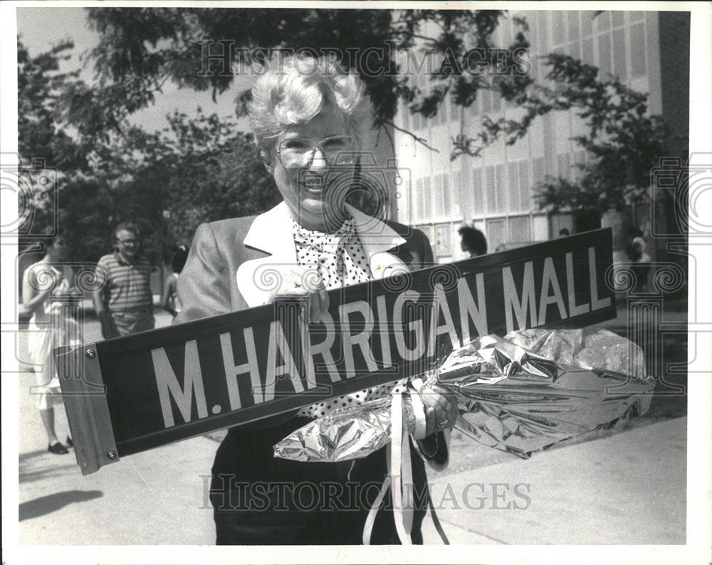 1987 Press Photo Margaret Harrigan Orchard Street Lincoln Park High School Sign - Historic Images