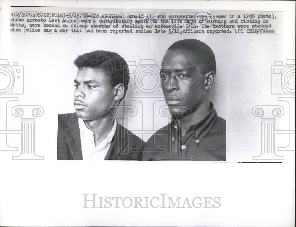 1966 Press Photo Ronald &amp; Marquette Frye arrested for stealing automobile. - Historic Images