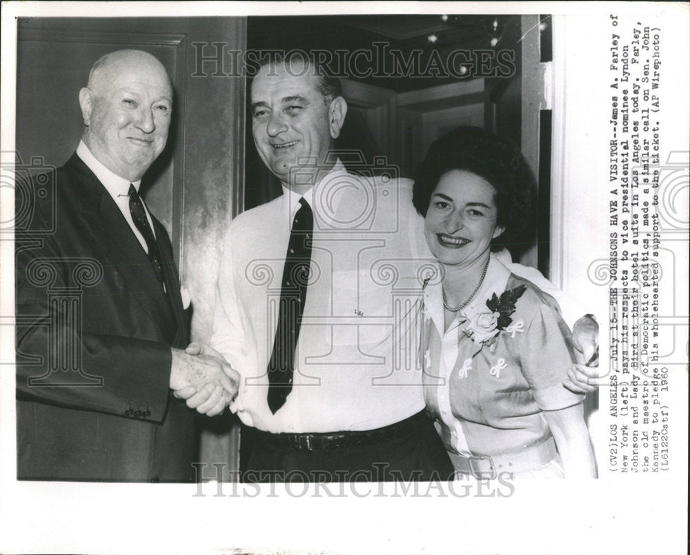 1960 Press Photo James A.Farley Visited Johnson and Lady Bird in L.A. - Historic Images