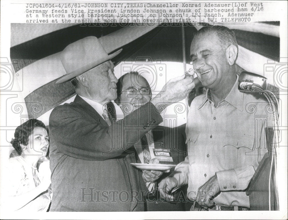 1961 Press Photo Chancellor Konrad Adenauer Lyndon Johnson Vice President chunk - Historic Images