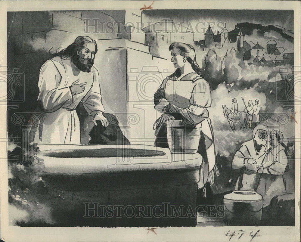 1949 Press Photo Christ Woman Samaria Samaritan Live Next Door Husband God Gift - Historic Images