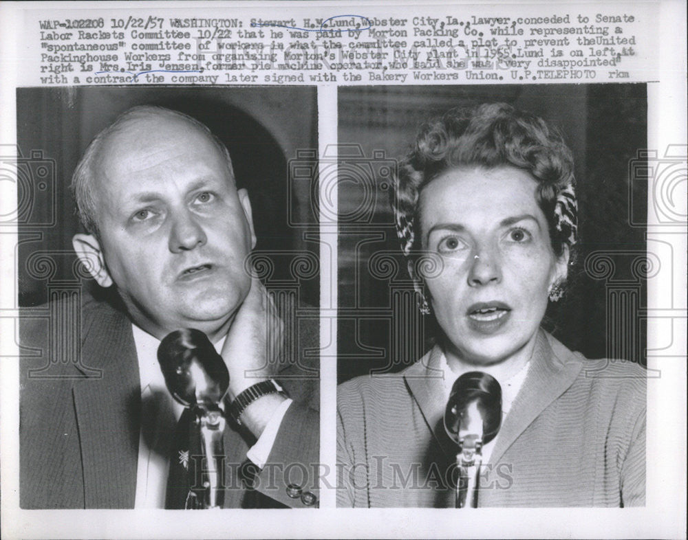 1957 Press Photo Stewart Lund Webster City Lawyer Senate Labor Raclost Committee - Historic Images