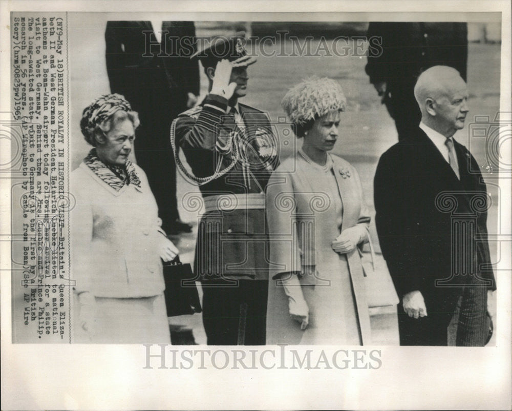 1965 Press Photo West German President Heinrich Luebke Bonn Wahn Britain Queen - Historic Images