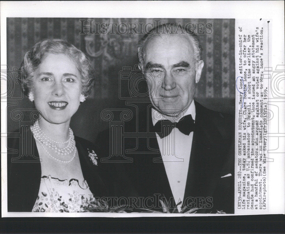 1959 Press Photo Henry Luce Clare Boothe Luce Ambassador Brazil US Life Magazine - Historic Images