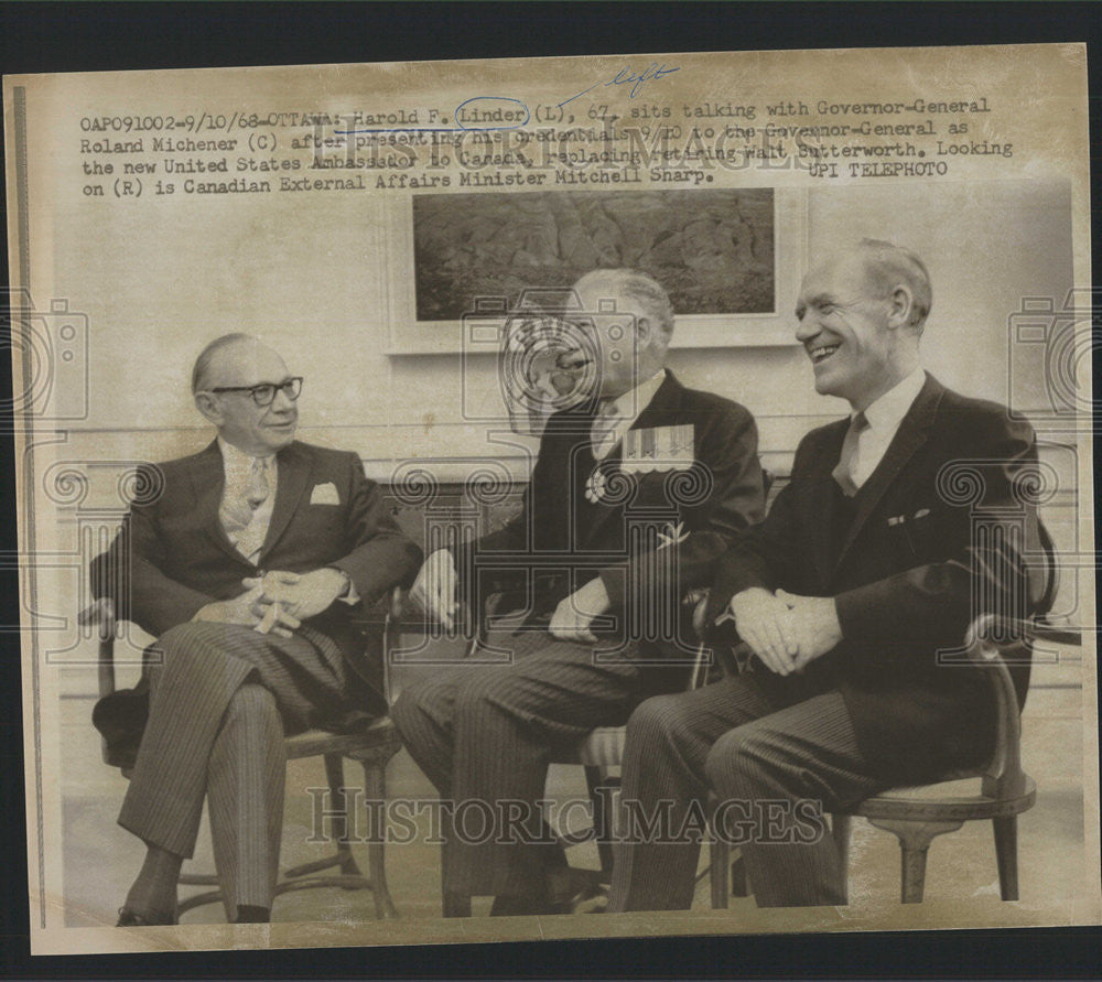 1968 Press Photo Harold F. Linder Governor-General Roland Michener Ambassador - Historic Images