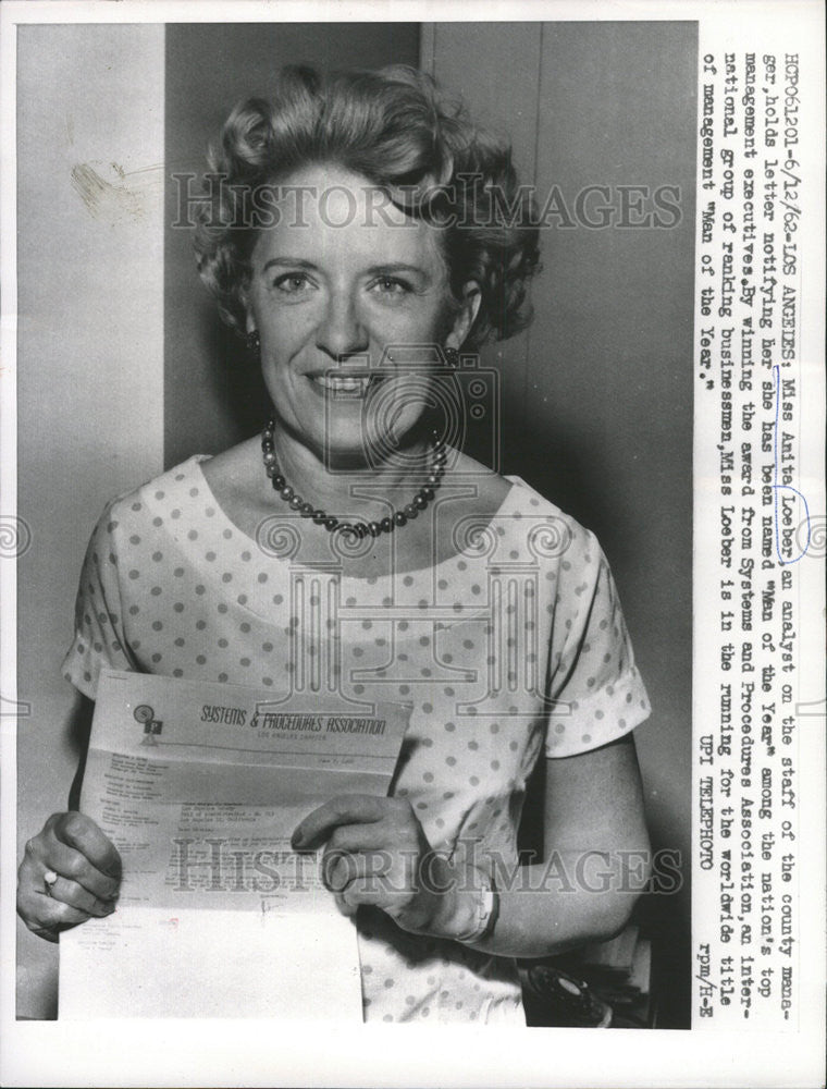 1962 Press Photo Anita Loeber County Manager Analyst Los Angeles - Historic Images