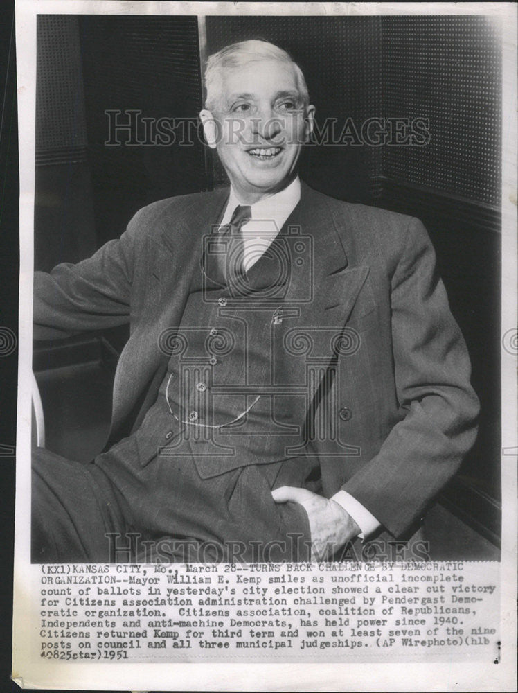 1951 Press Photo Kansas City Missouri Mayor William E Kemp Third Term Election - Historic Images