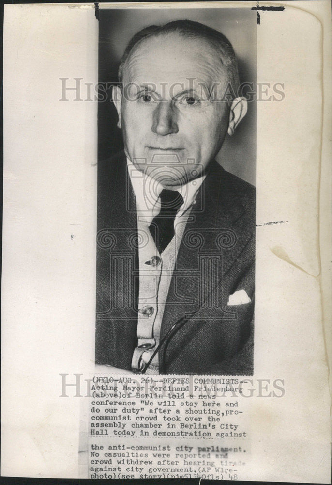 1948 Press Photo Acting Mayor Ferdinand Friedenburg Berlin - Historic Images