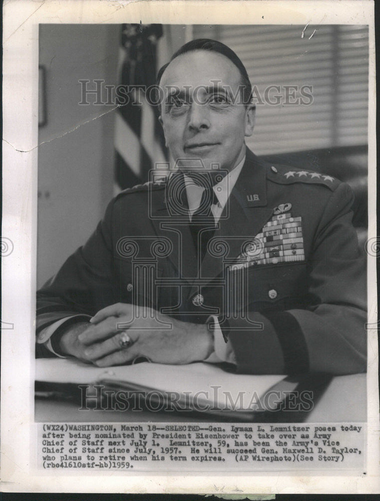 1959 Press Photo Gen. Lyman Lemnitzer nominated Army Chief of Staff poses - Historic Images