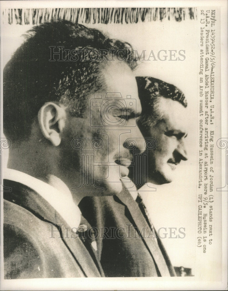 1964 Press Photo King Hussein Stands Next to U.A.R. President Abdel at Airport - Historic Images