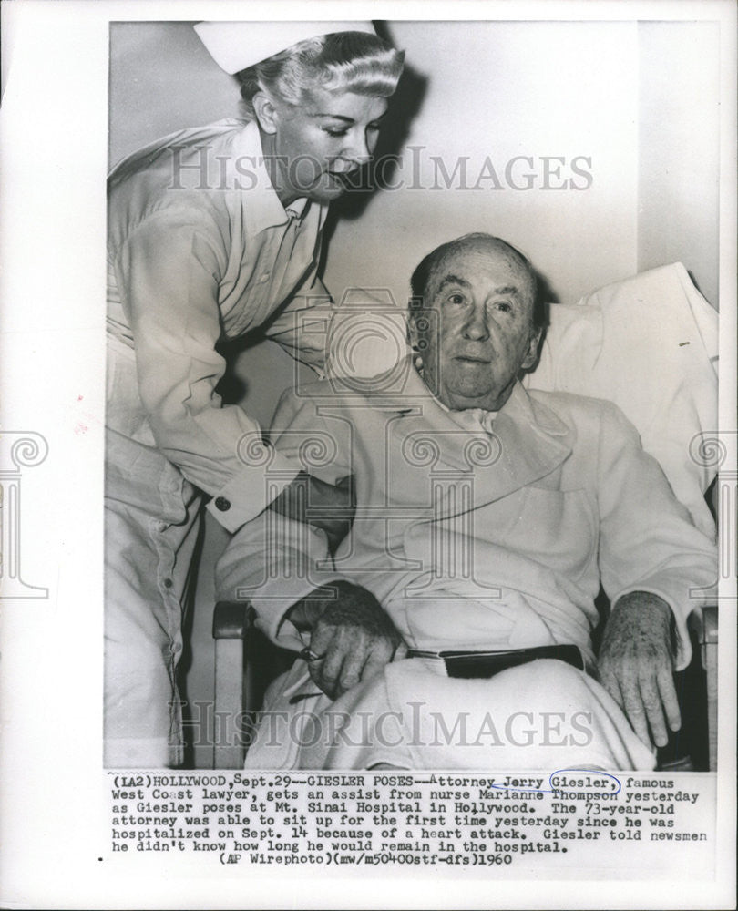 1960 Press Photo West Coast lawyer Jerry Giesler after a heart attack - Historic Images