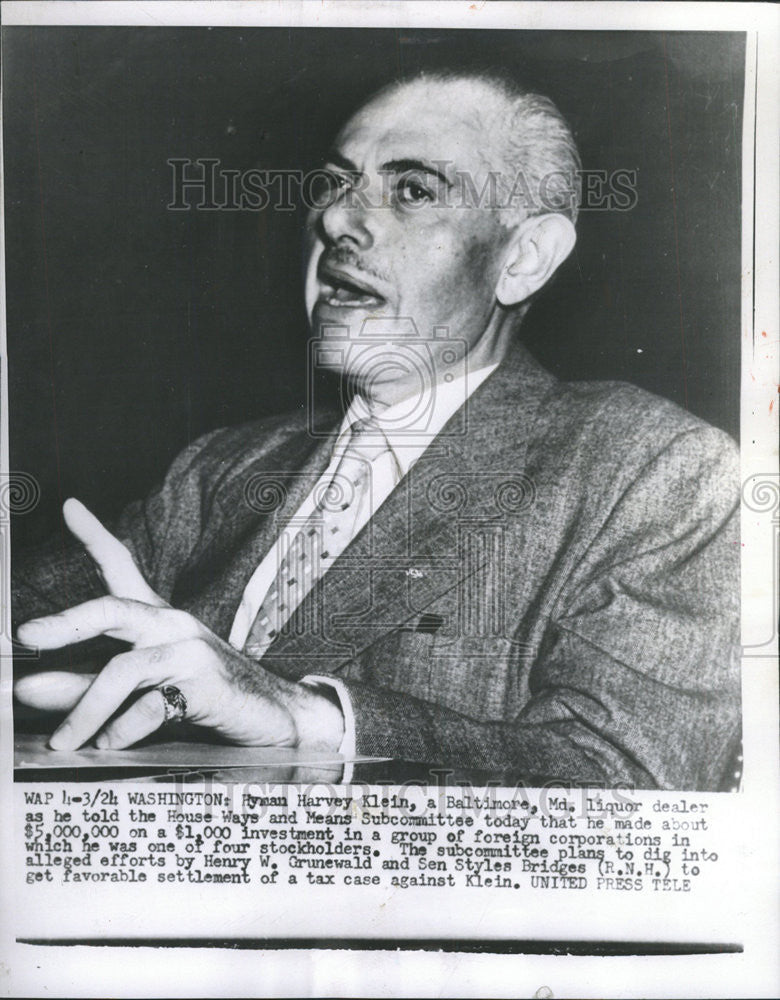 1952 Press Photo Hyman Harvey Klein, Liquor Dealer - Historic Images