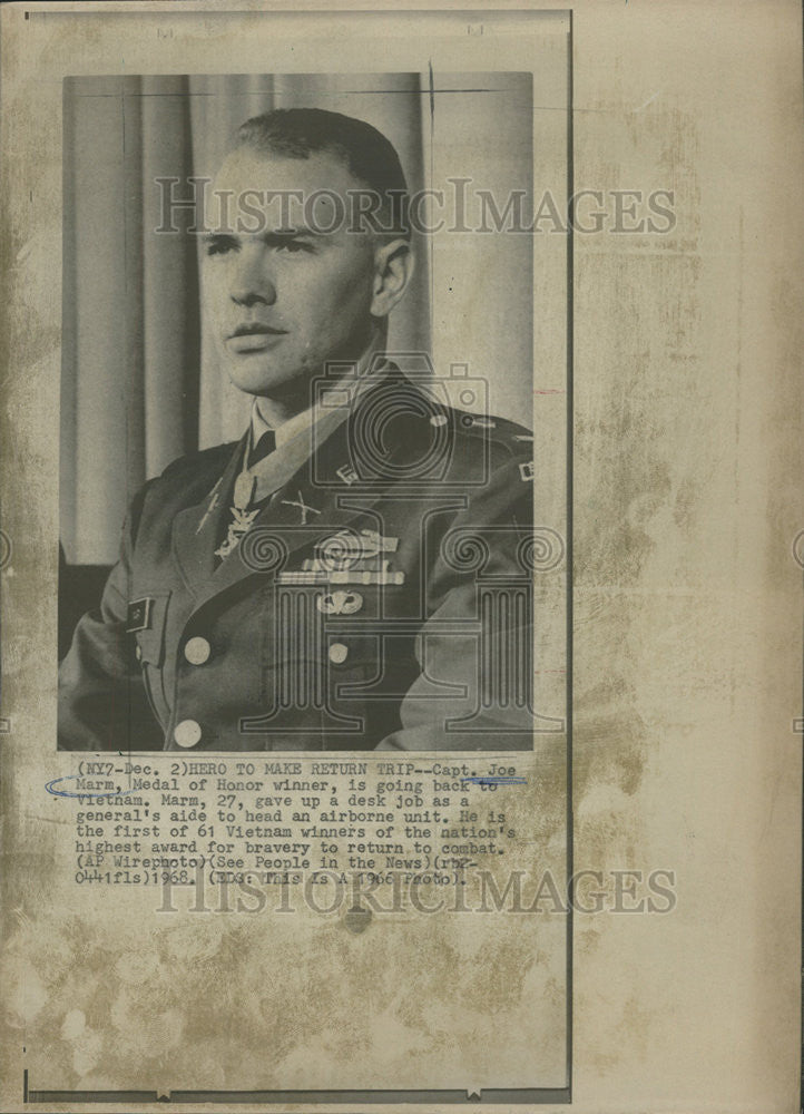 1968 Press Photo Captain Joe Marm Medal Honor winner Vietnam job airborne unit - Historic Images