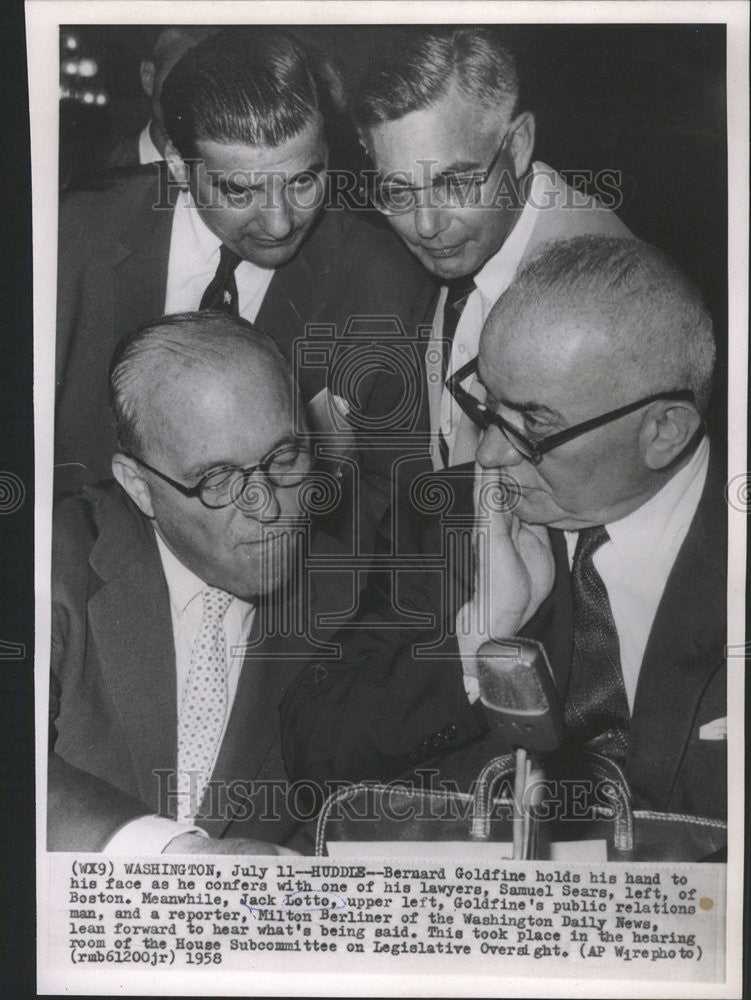 1958 Press Photo Bernard Goldfine Samuel Sears lawyers Milton Berliner House - Historic Images