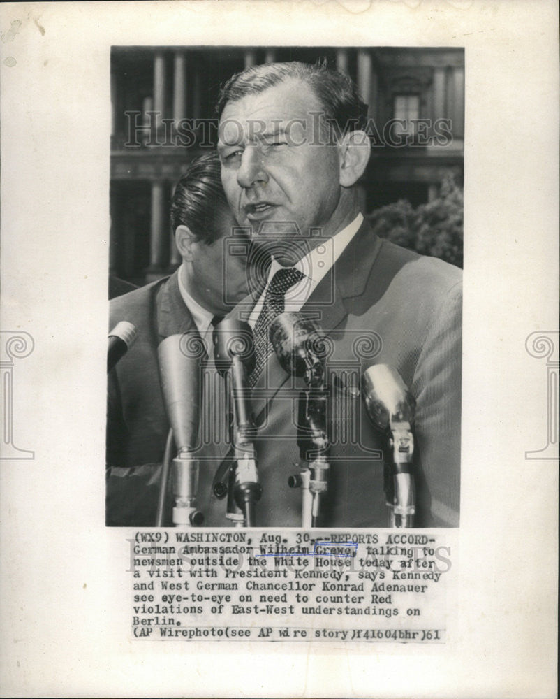 1961 Press Photo Wilhelm Grewe German Ambassador President Kennedy White House - Historic Images