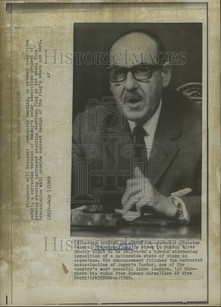 1969 Press Photo Interior Minister General Francisco Buenos Aires Argentina - Historic Images