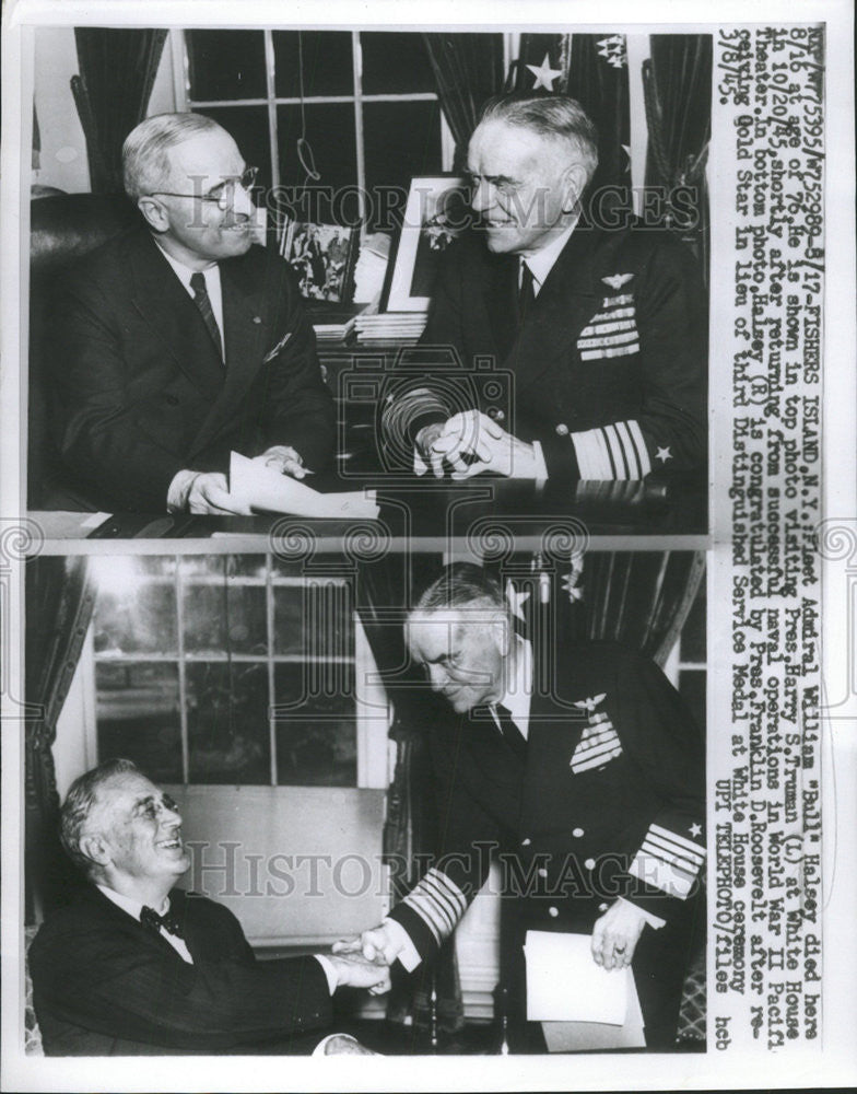 1945 Press Photo Fleet Admiral William Bull Halsey President Harry Truman Island - Historic Images