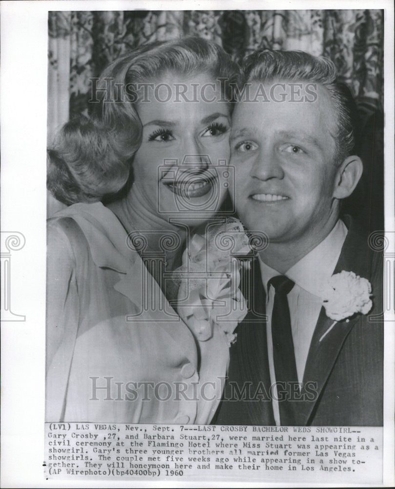 1960 Press Photo Gary Crosby Barbara Stuart Married Flamingo Hotel - Historic Images