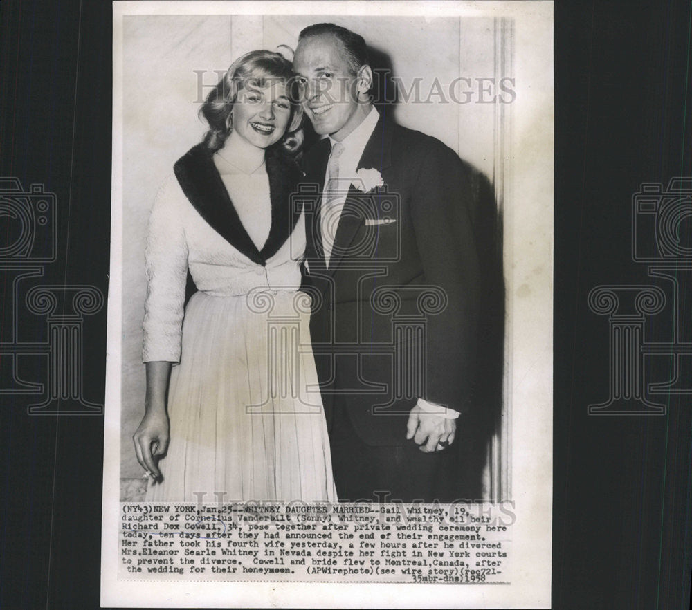 1958 Press Photo Gail Whitney &amp; Wealthy Oil Heir Richard Dox Cowell - Historic Images