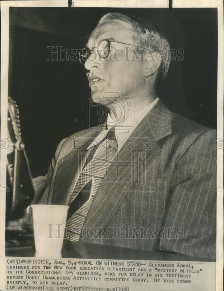 1948 Press Photo Mystery Witness Alexander Koral,Engineer For NY Education Depar - Historic Images