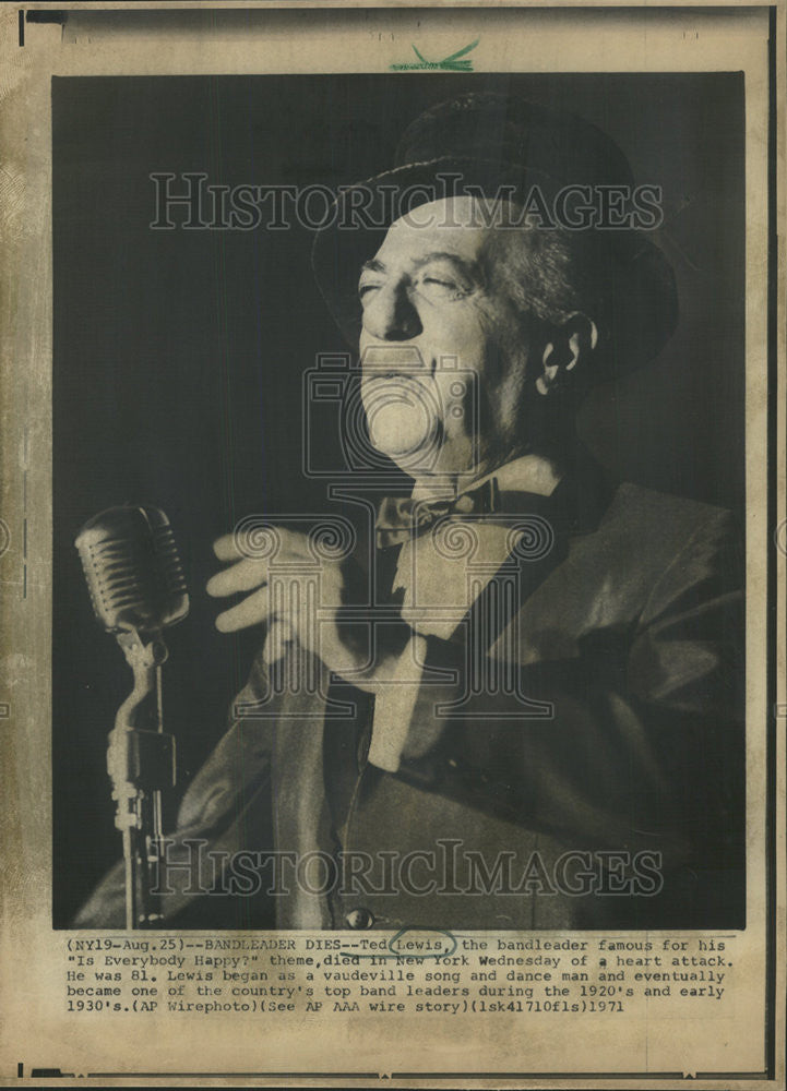 1971 Press Photo Ted Lewis American Bandleader &amp; Singer - Historic Images