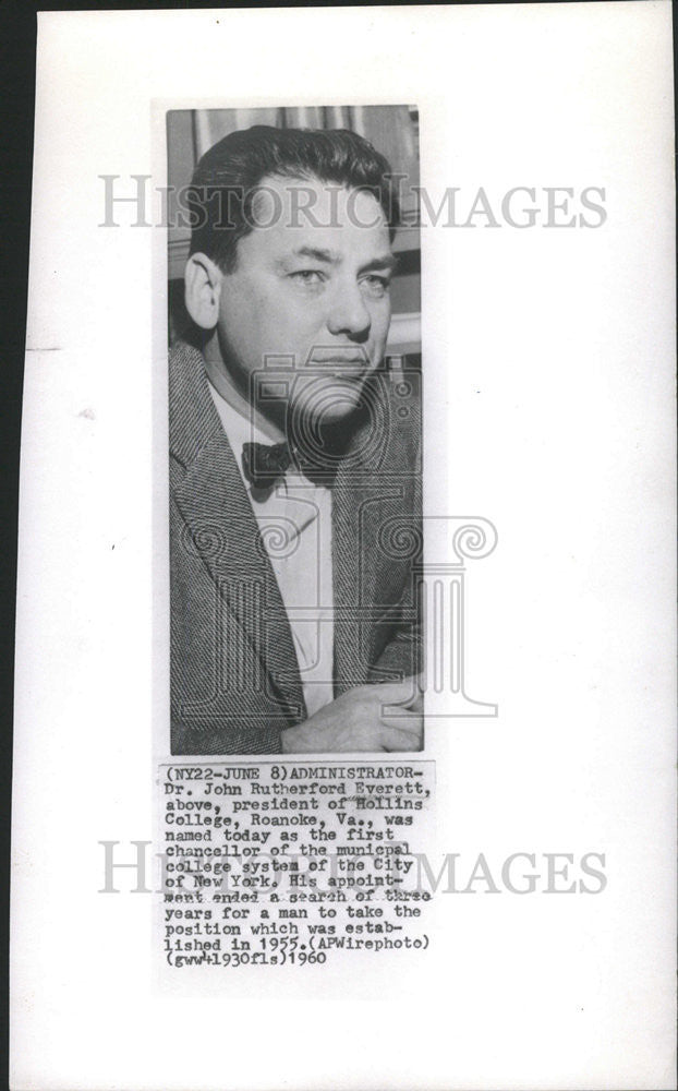 1960 Press Photo DR. JOHN RUTHERFORD EVERETT PRESIDENT HOLLINS COLLEGE - Historic Images