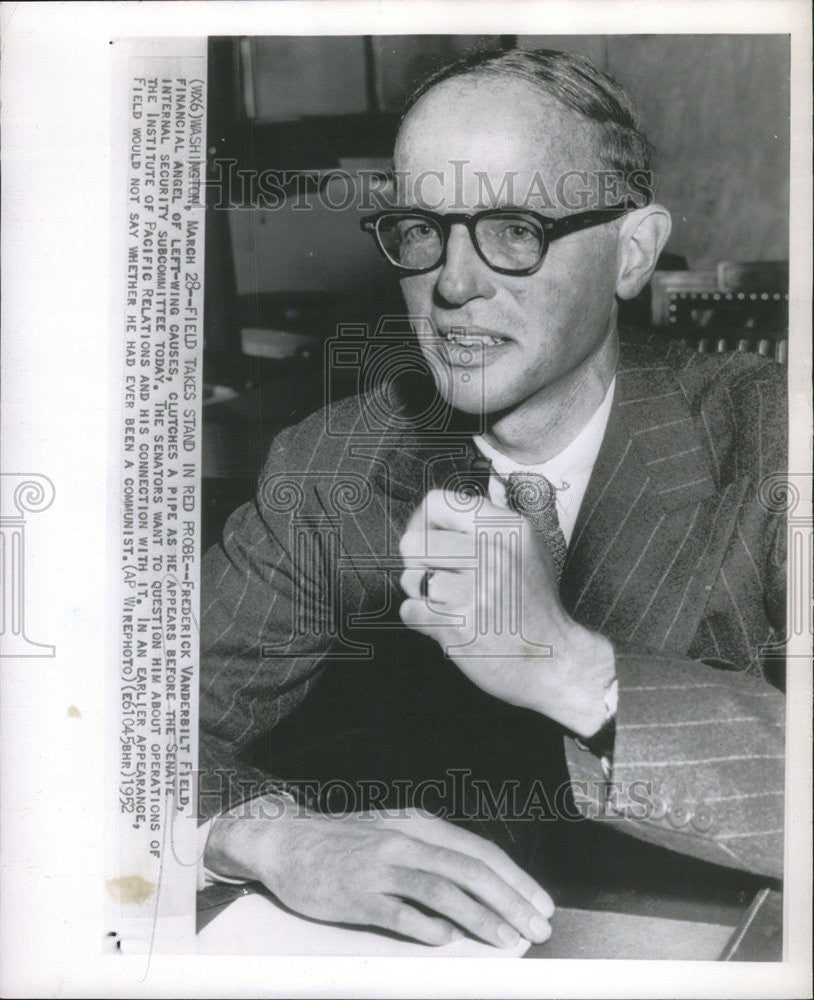 1952 Press Photo Frederick Vanderbilt Field, Financial Angel of Left-Wing Causes - Historic Images